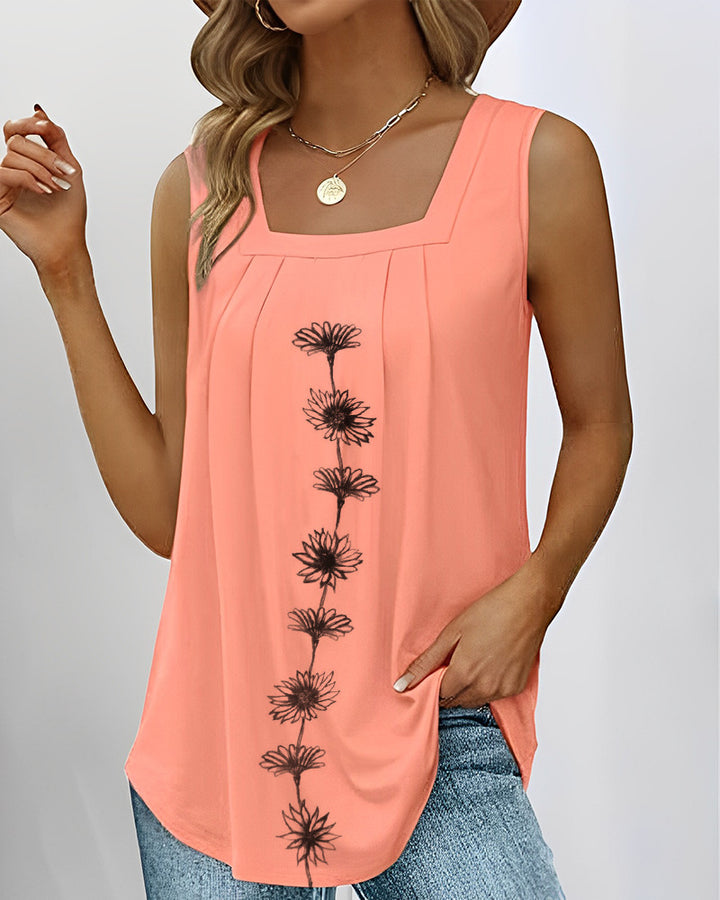 Damen nan ärmelloses Longtop mit quadratischem Ausschnitt, Faltenpassé und mittigem Blumenprint Drune
