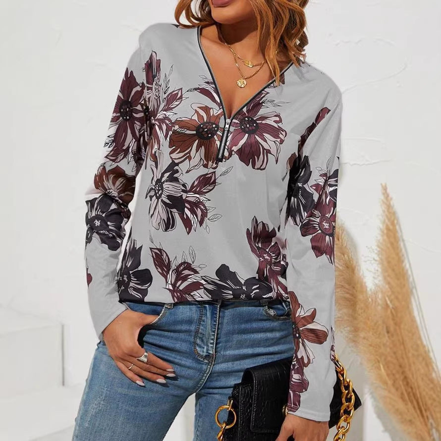 Damen Langarmshirt mit Reißverschluss V-Ausschnitt und großem Blumenmuster Drune