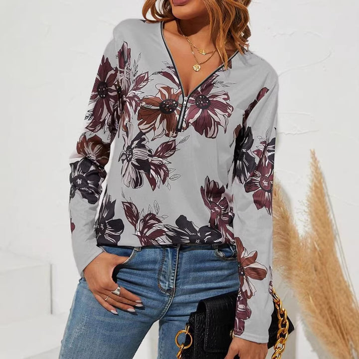Damen Langarmshirt mit Reißverschluss V-Ausschnitt und großem Blumenmuster Drune