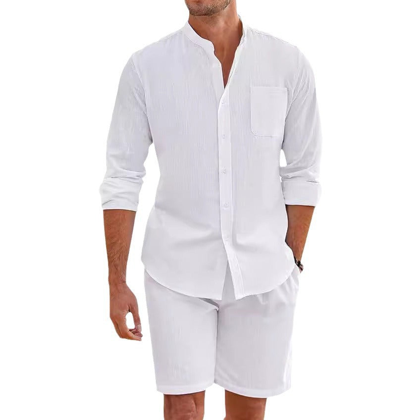 Herren nan Leinenoptik-Zweiteiler mit Stehkragen-Hemd, Brusttasche und legeren Shorts Drune