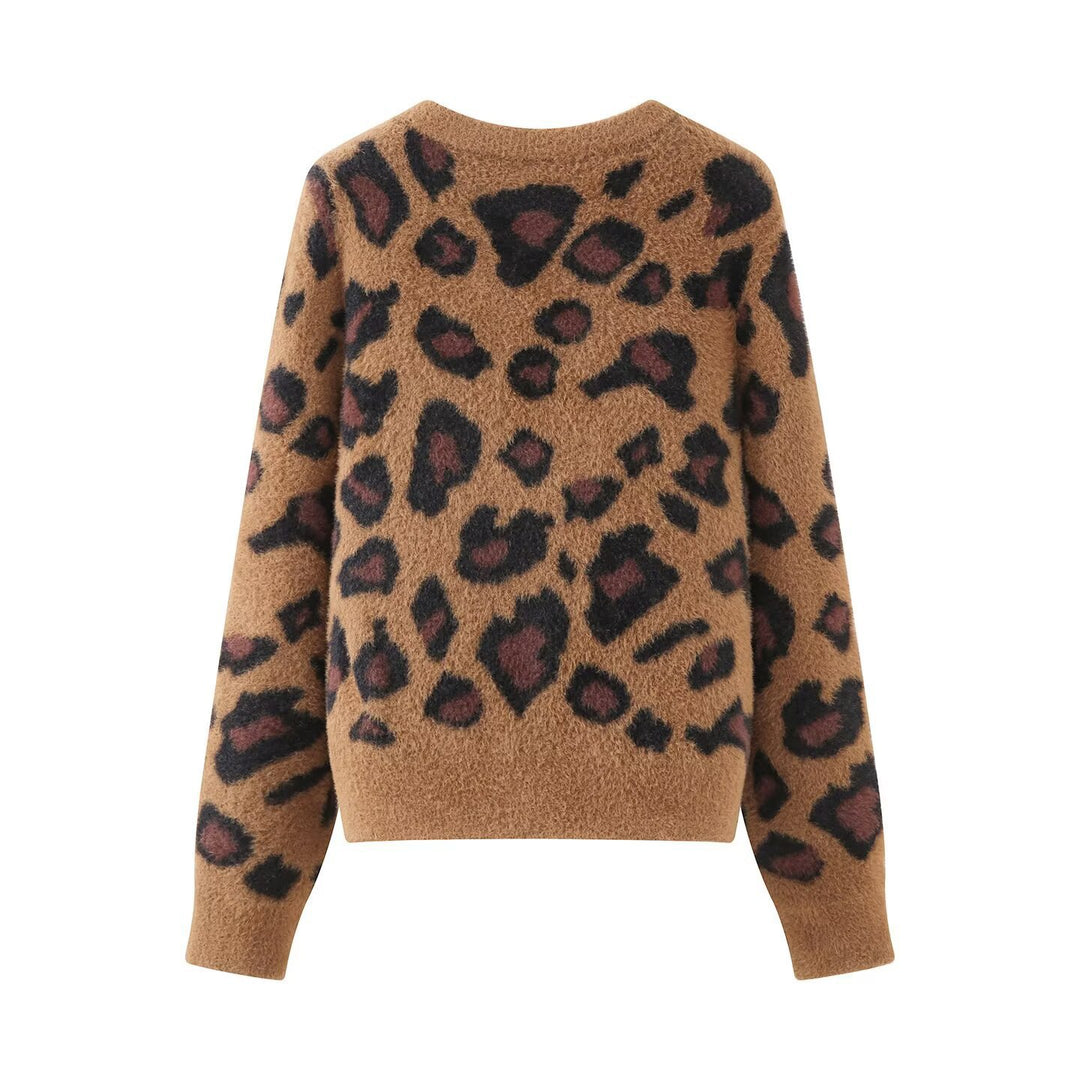 Damen Flauschige Strickjacke im Leo‑Print mit Rundhalsausschnitt und Knopfleiste Drune
