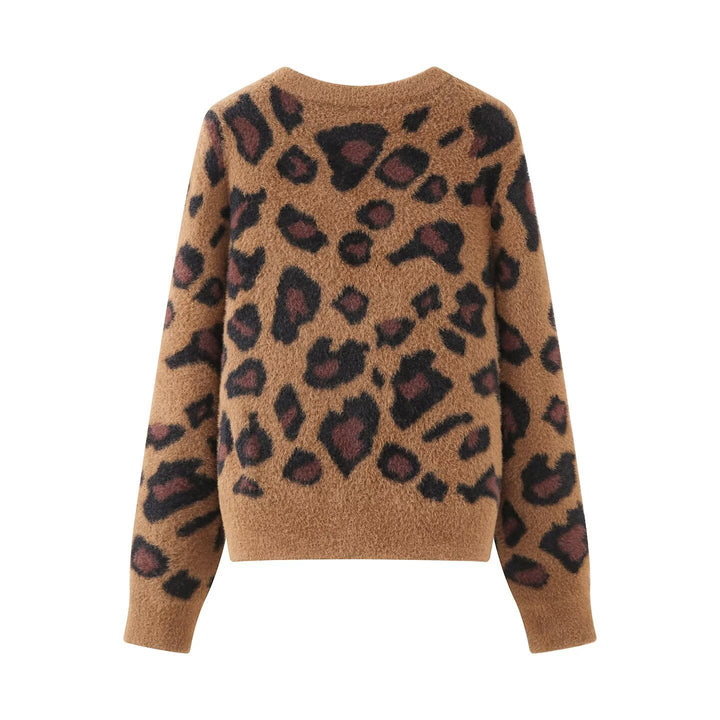 Damen Flauschige Strickjacke im Leo‑Print mit Rundhalsausschnitt und Knopfleiste Drune