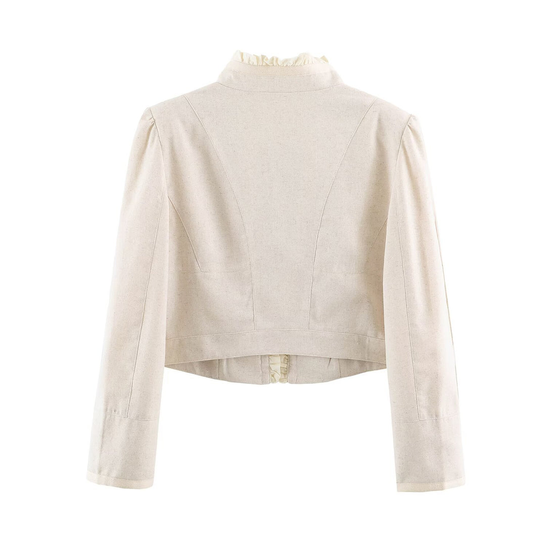 Damen Cropped Jacke mit taillierter Silhouette, Stehkragen und Rüschenblende Drune