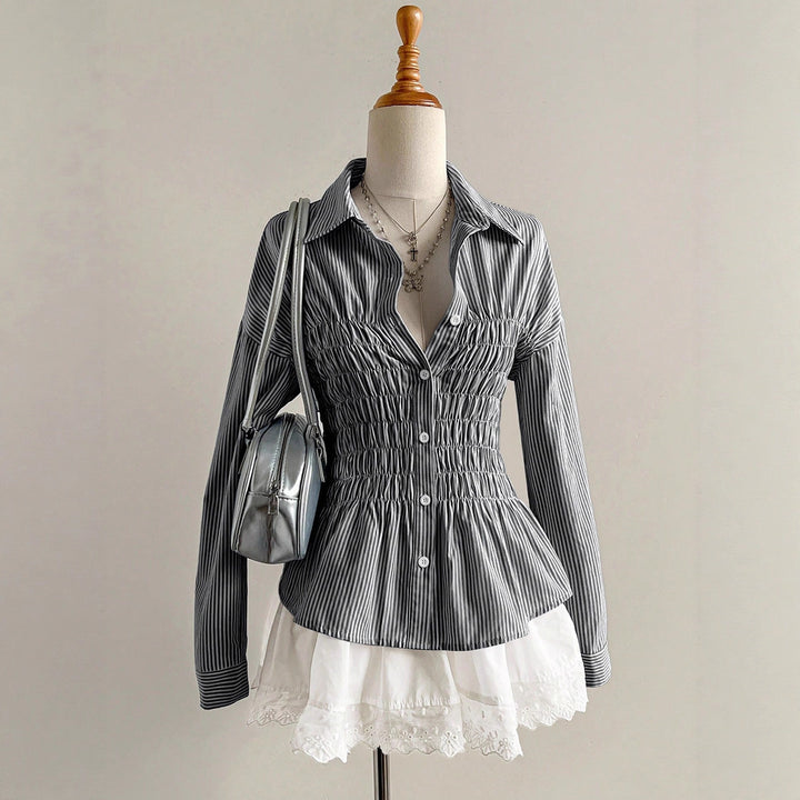 Damen nan taillierte Hemdbluse mit geraffter Brustpartie und Schößchen Drune