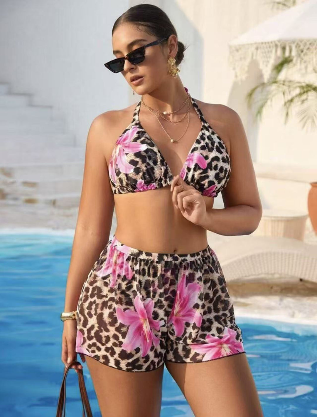 Damen Bikini-Set mit modischem Tiermuster und hoch taillierten Shorts Drune