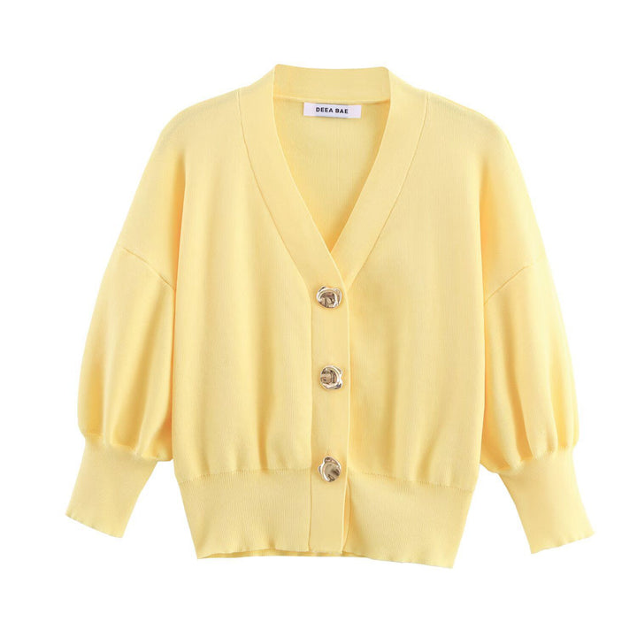 Damen Kurz geschnittener Strickcardigan mit Ballonärmeln und dekorativen Schmuckknöpfen Drune