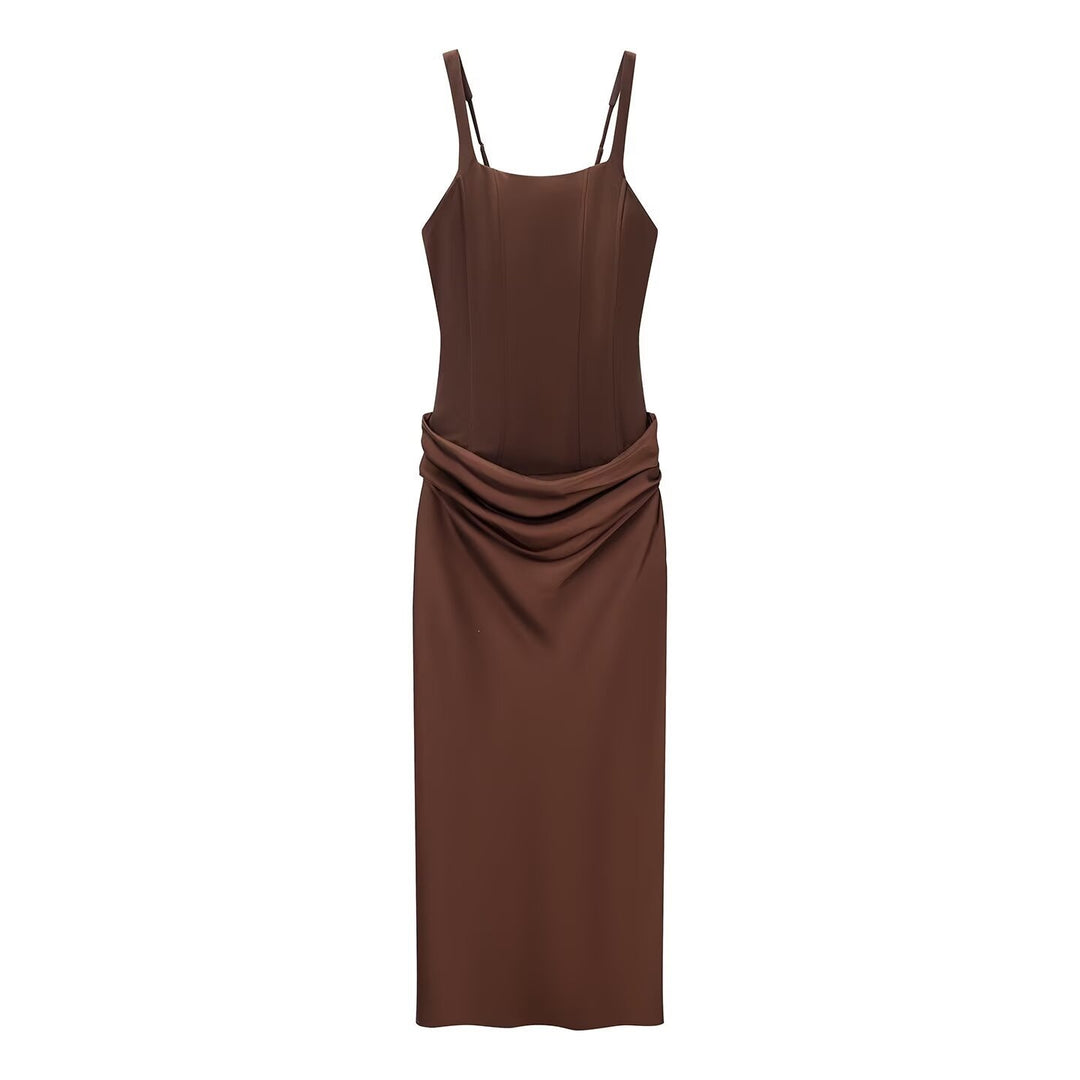 Damen elegantes Midikleid mit raffinierten Drapierungen und verstellbaren Spaghettiträgern Drune