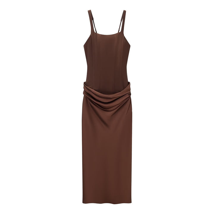 Damen elegantes Midikleid mit raffinierten Drapierungen und verstellbaren Spaghettiträgern Drune