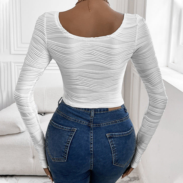 Damen Enganliegendes Struktur-Langarmshirt mit Wellenstruktur und U-Ausschnitt Drune