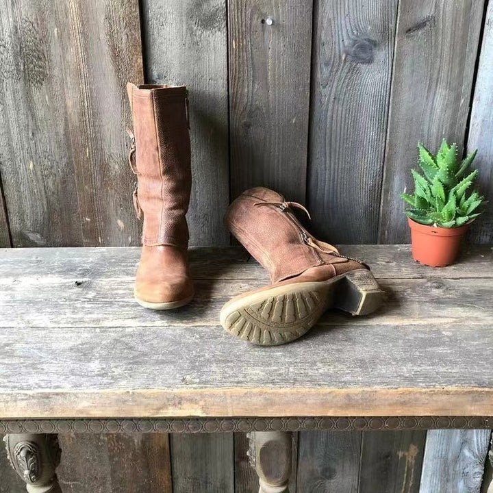 Damen Mid-Cut Stiefel aus vintage Leder mit seitlichem Reißverschluss und niedrigem Blockabsatz Drune