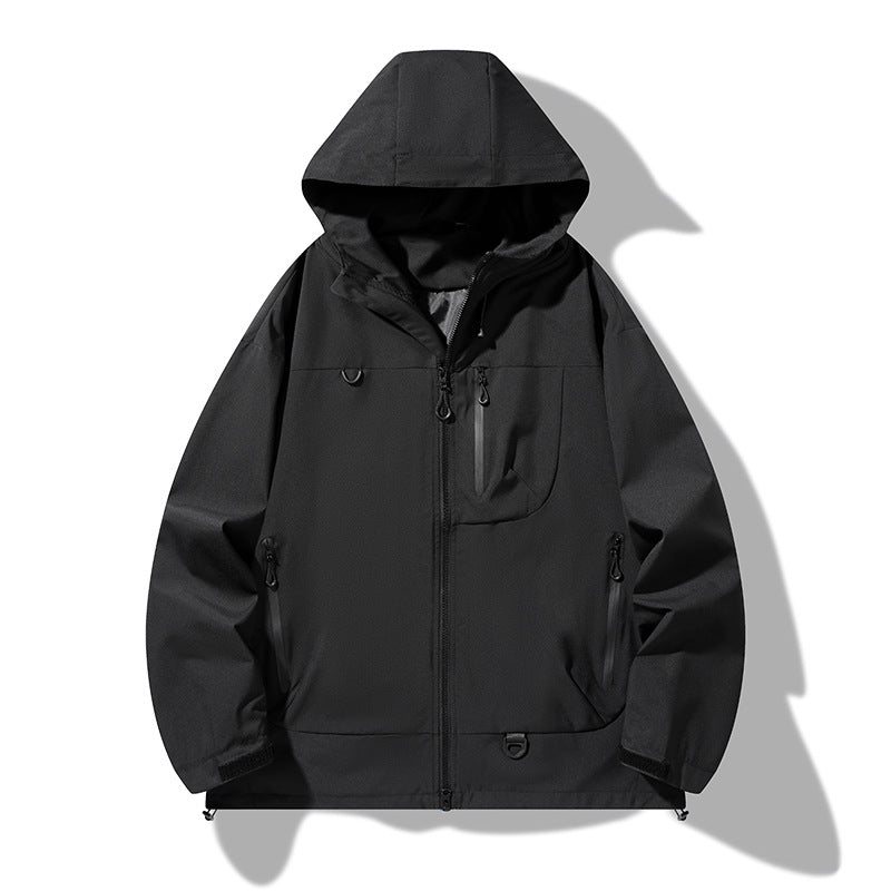 Herren wasserdichte Softshell-Kapuzenjacke mit verschweißten Nähten, verdeckter Brusttasche und verstellbarem Saum Drune
