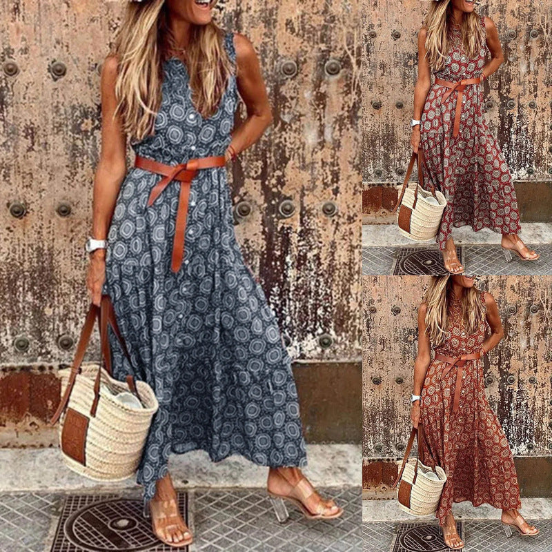 Damen Bohemian Maxi Kleid mit verstellbarem Gürtel Drune