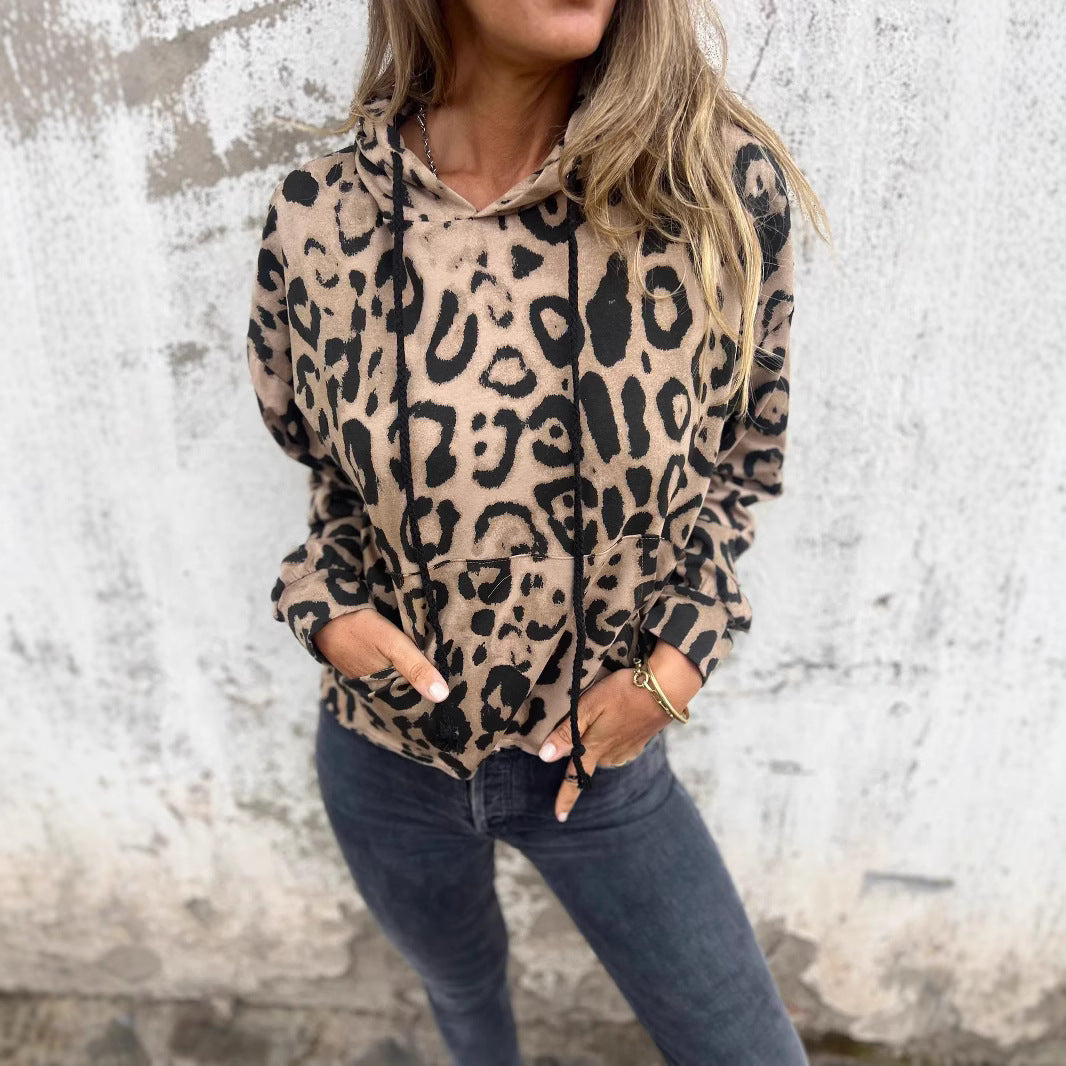 Damen Kapuzenpullover mit lässigem Leopardenmuster und praktischen Seitentaschen Drune