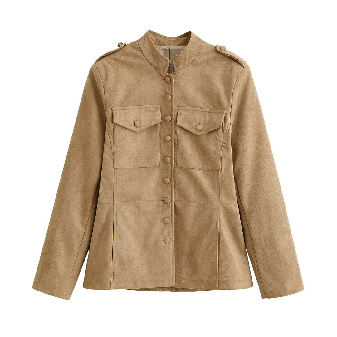 Damen Wildlederoptik Fieldjacke mit Stehkragen und Pattentaschen Drune