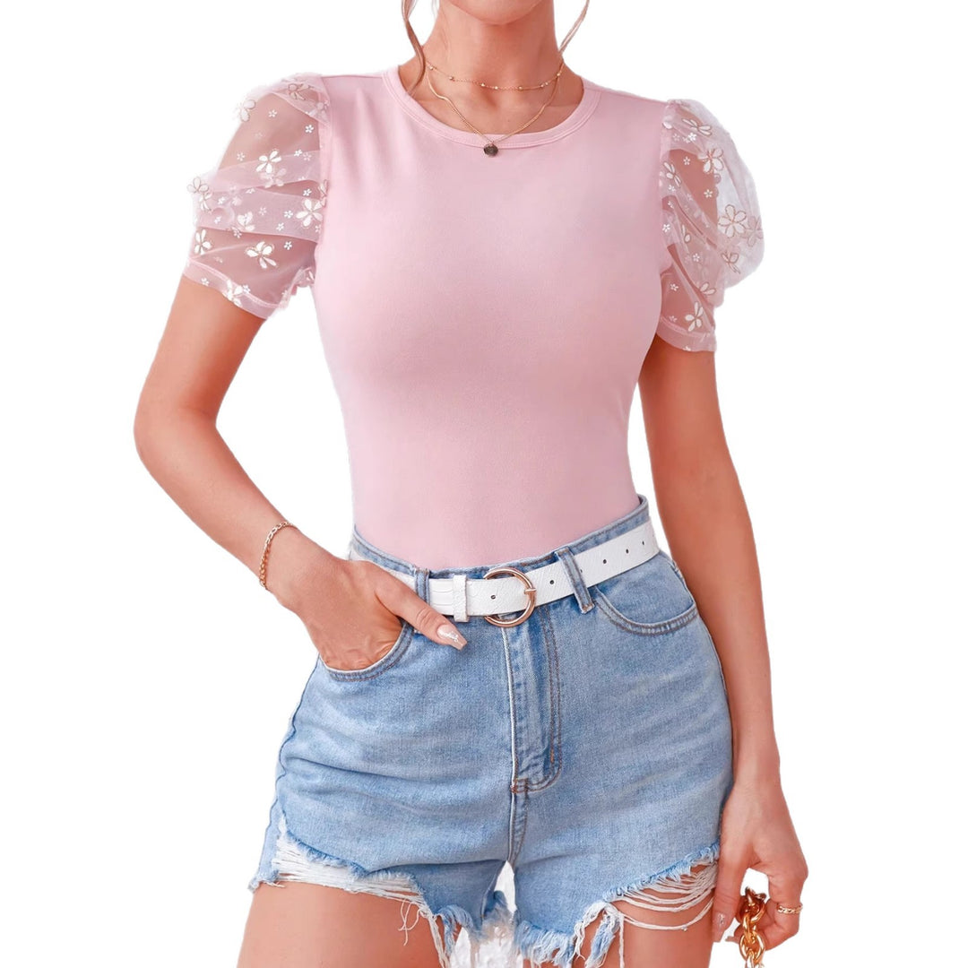 Damen Buntes T-Shirt mit Puffärmeln und Blumenmuster Drune