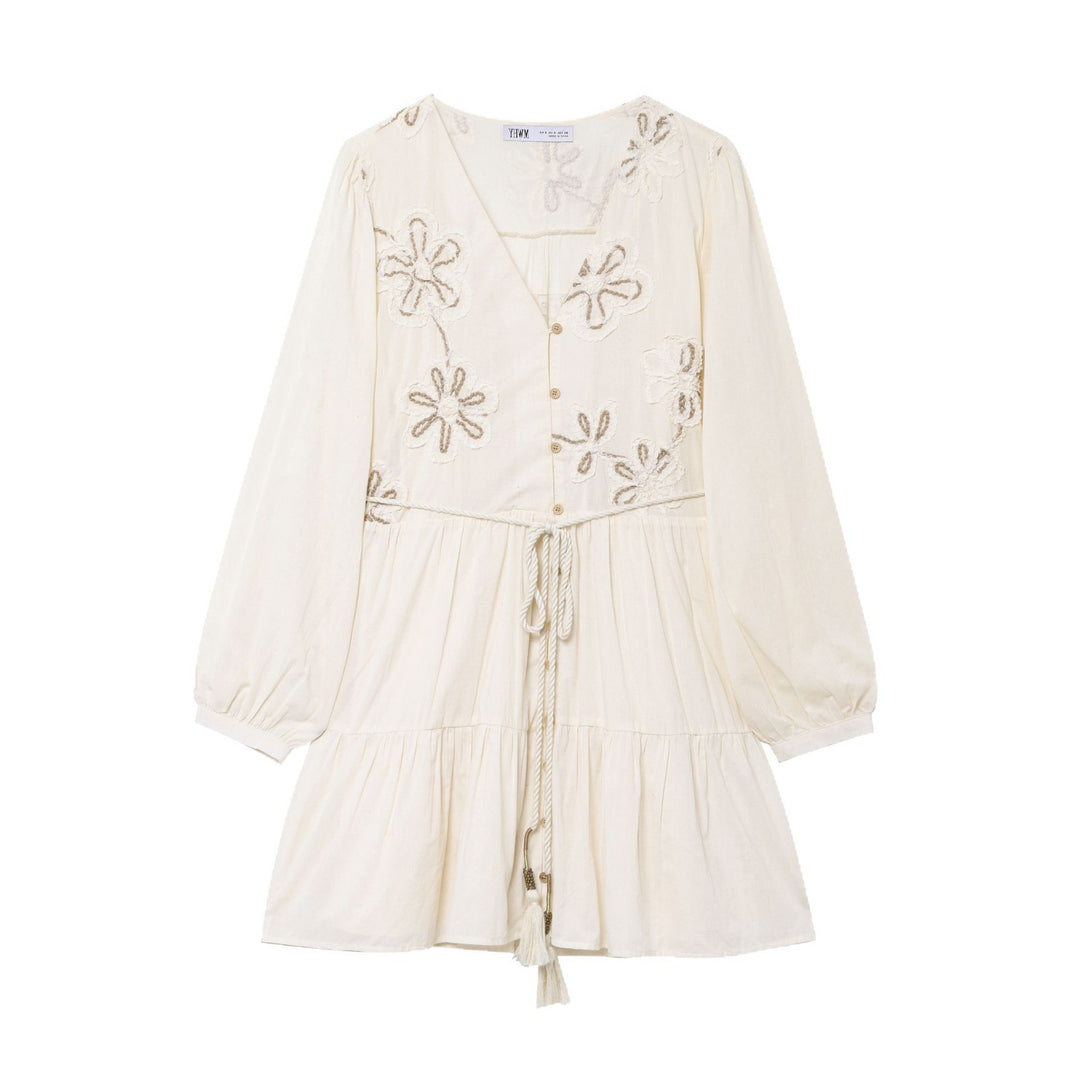 Damen Besticktes Boho-Kleid mit V-Ausschnitt Kordelzug und Stufenrock Drune