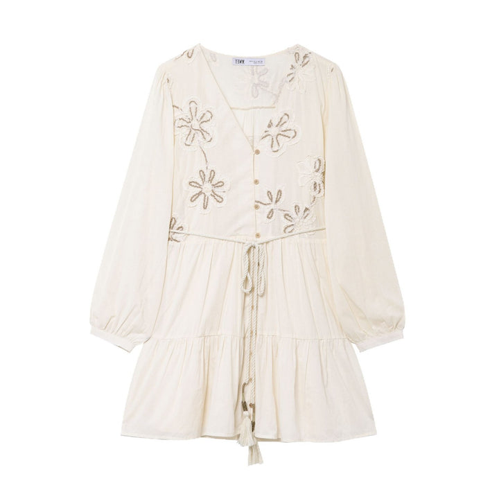Damen Besticktes Boho-Kleid mit V-Ausschnitt Kordelzug und Stufenrock Drune