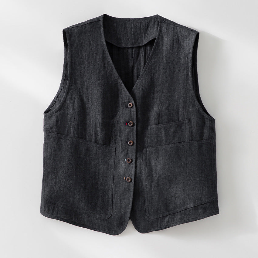 Damen Leinenweste mit V‑Ausschnitt, aufgesetzten Taschen und entspannter Passform Drune