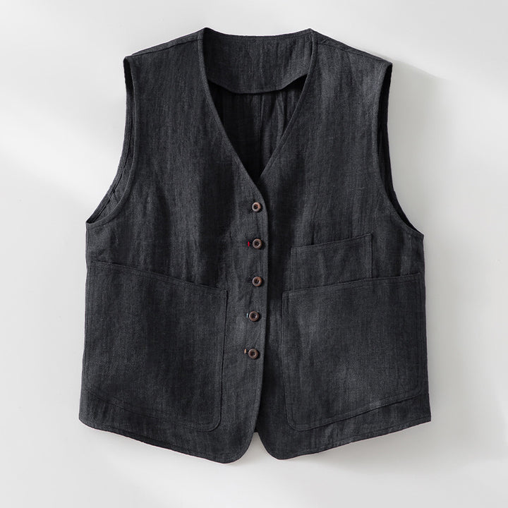 Damen Leinenweste mit V‑Ausschnitt, aufgesetzten Taschen und entspannter Passform Drune