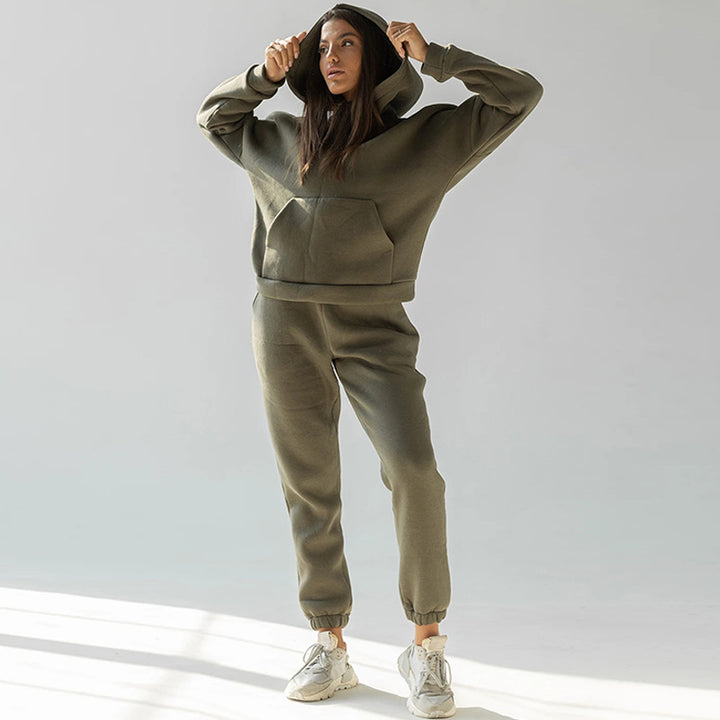 Damen nan zweiteiliges Komfort-Loungewear-Set mit oversized Kapuzenpullover, Kängurutasche und elastischem Knöchel-Jogger aus French Terry Drune