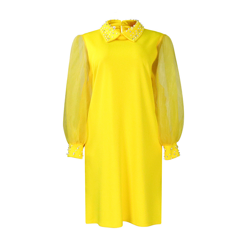 Damen Kleid mit eleganten Tüllärmeln und verzierten Kragen Drune