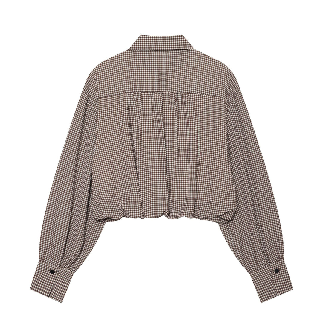 Damen Karierte Cropped-Hemdbluse mit weiten Ballonärmeln und Brusttasche Drune
