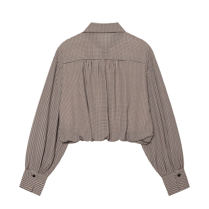 Damen Karierte Cropped-Hemdbluse mit weiten Ballonärmeln und Brusttasche Drune