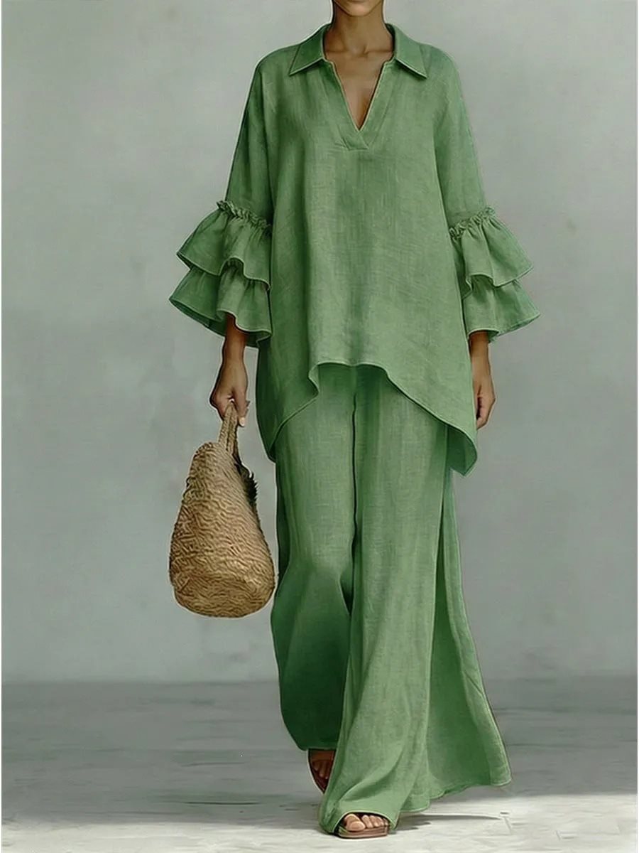 Damen Leinen-Loungewear-Set mit Volantärmeln und weitem Palazzo-Hose Drune