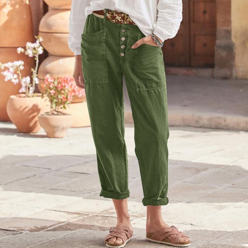 Damen nan Leinen-Baumwoll-Loungehose mit weitem Schnitt, hoher Bund und aufgesetzten Taschen Drune