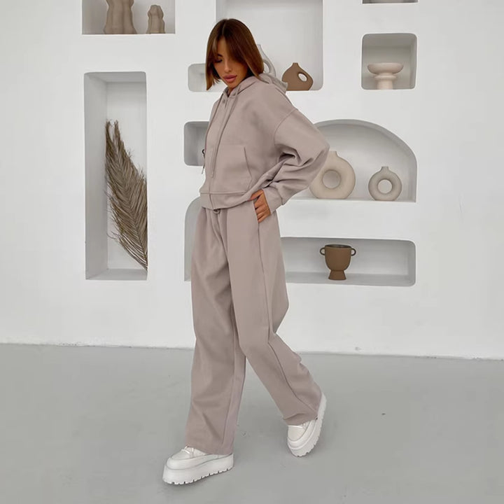 Damen lässiges Kapuzen-Sweatshirt mit Reißverschluss und weiten High-Waist Jogginghose Drune