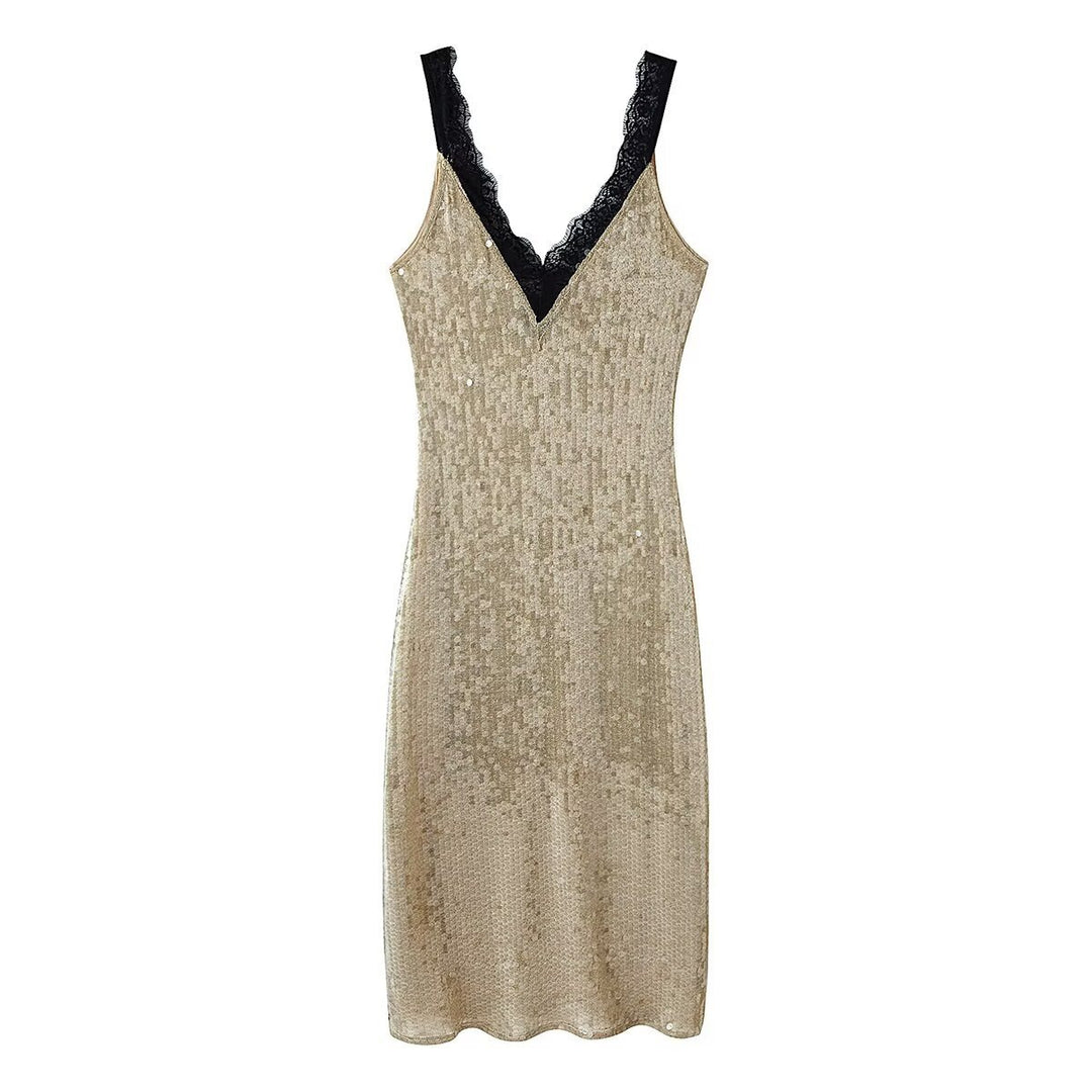Damen glamouröses Abendkleid mit Pailletten und Spitzenverzierung Drune