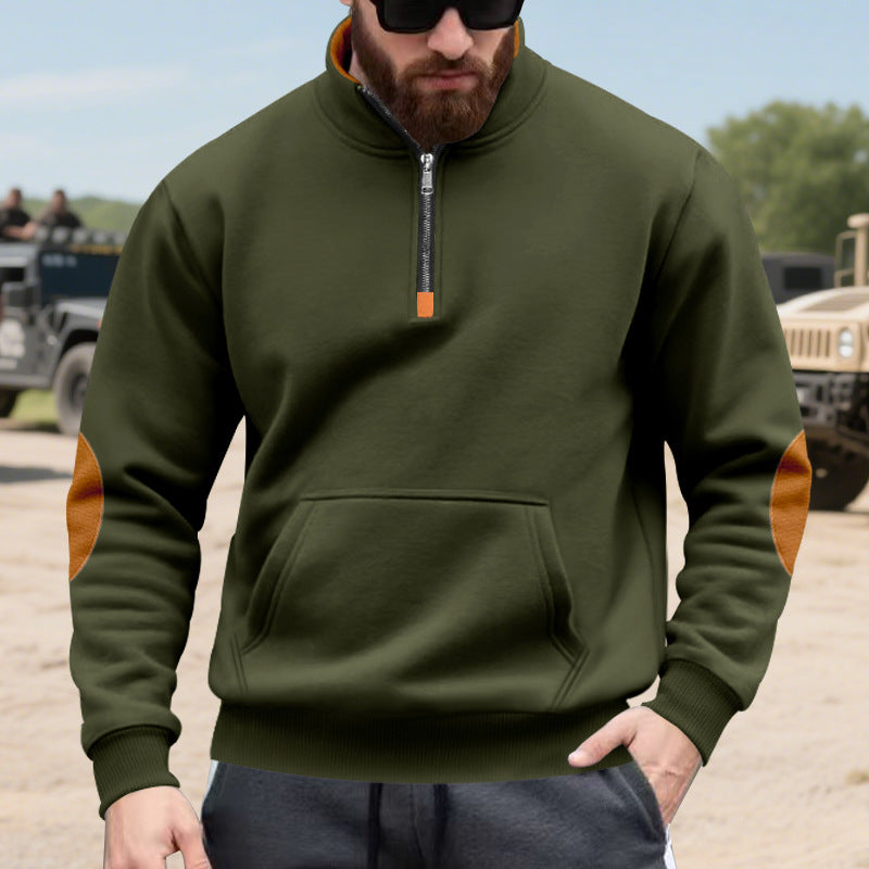 Herren nan Halbzip-Sweatshirt mit Stehkragen, Kängurutasche und kontrastierenden Ellbogenpatches Drune