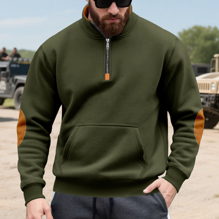 Herren nan Halbzip-Sweatshirt mit Stehkragen, Kängurutasche und kontrastierenden Ellbogenpatches Drune