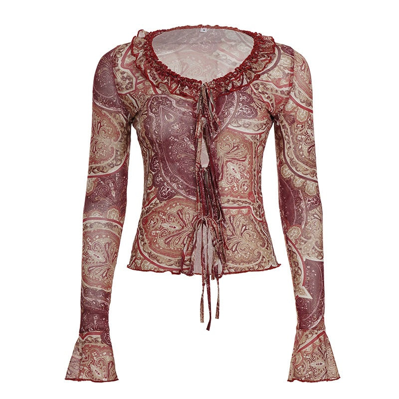 Damen Transparente Mesh-Bluse mit Paisley‑Print, Rüschenkragen, BindDruneand und Glockenärmeln Drune