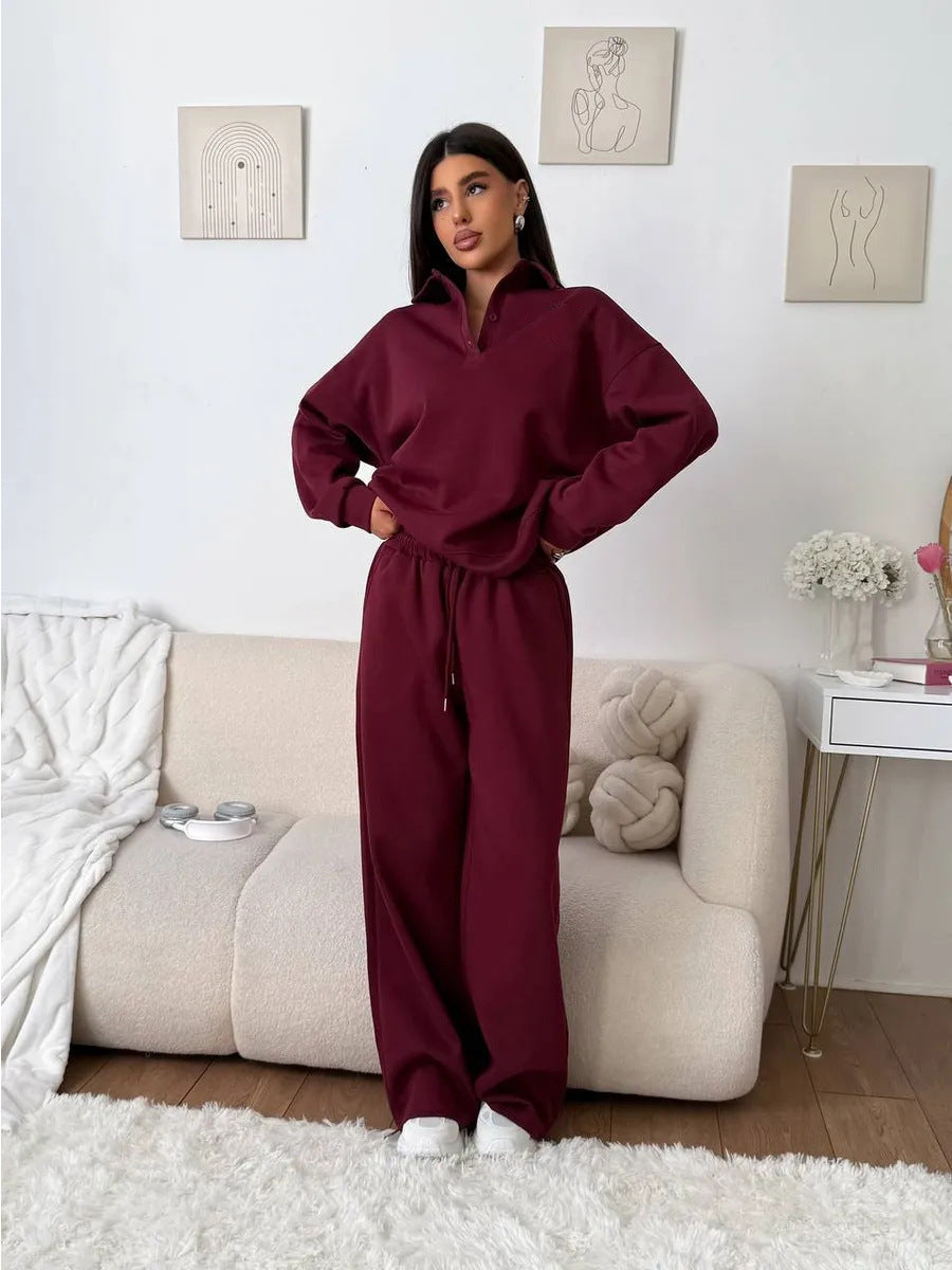 Damen weites Polo-Lounge-Set mit elastischem Tunnelzugbund und Wide‑Leg-Jogginghose Drune