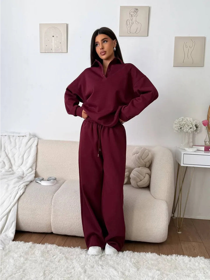 Damen weites Polo-Lounge-Set mit elastischem Tunnelzugbund und Wide‑Leg-Jogginghose Drune