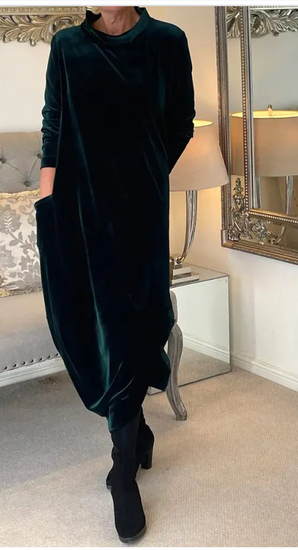 Damen Elegantes Samt Maxi Kleid mit Hohem Rollkragen, Seitentaschen und Lockere Silhouette Drune