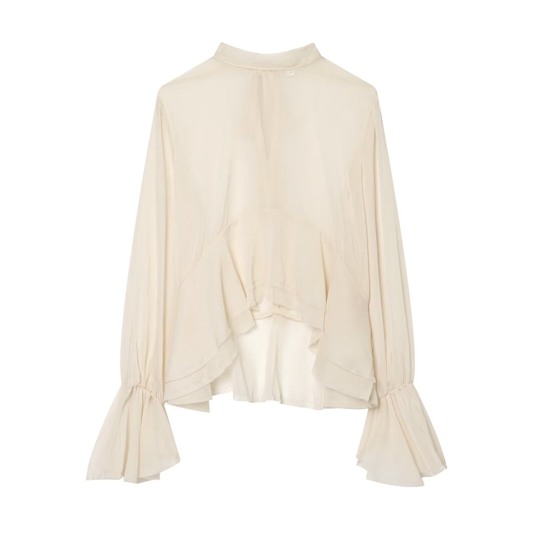 Damen Asymmetrische Volant-Bluse mit hohem Vorderteil, tiefem Rückteil und Trompetenärmeln Drune