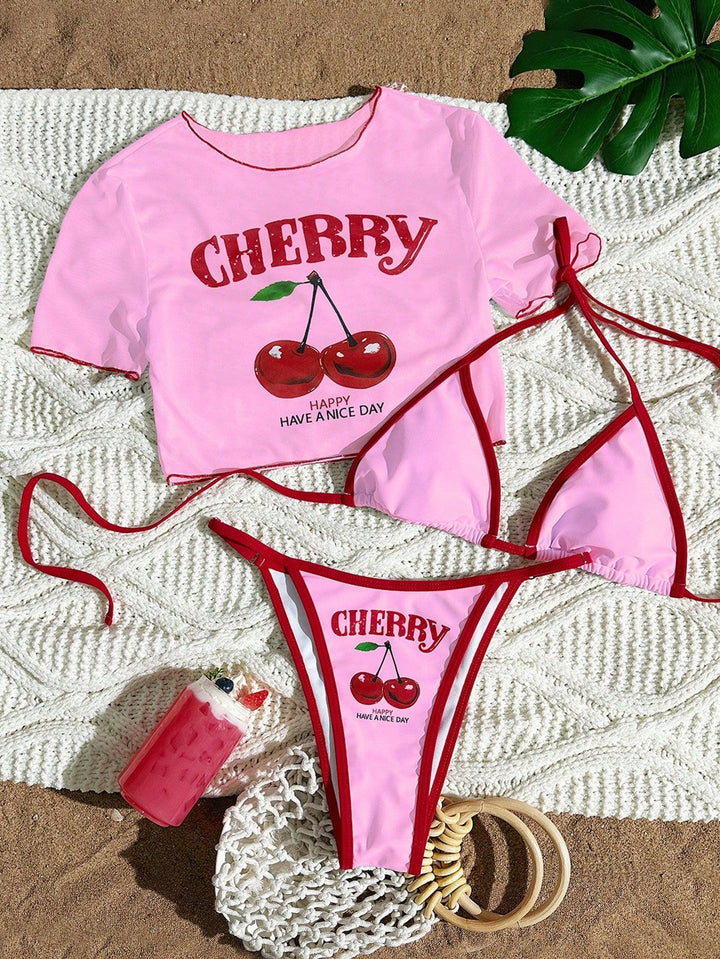 Damen Bikini-Set mit trendigem Kirschmotiv und lässigem Crop-Top Drune