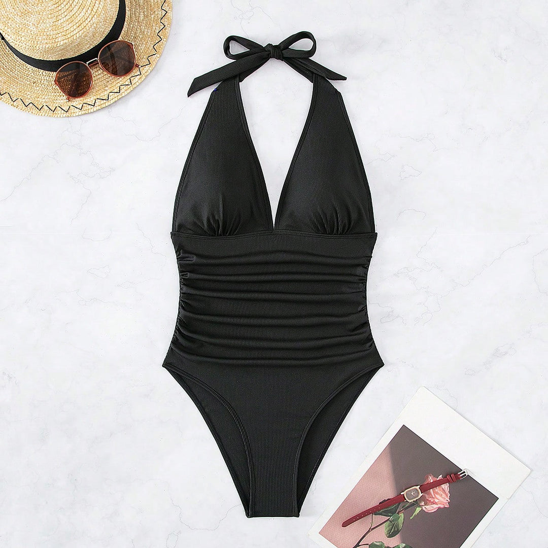 Damen Einteiler Badeanzug mit elegantem V-Ausschnitt und figurbetontem Schnitt Drune