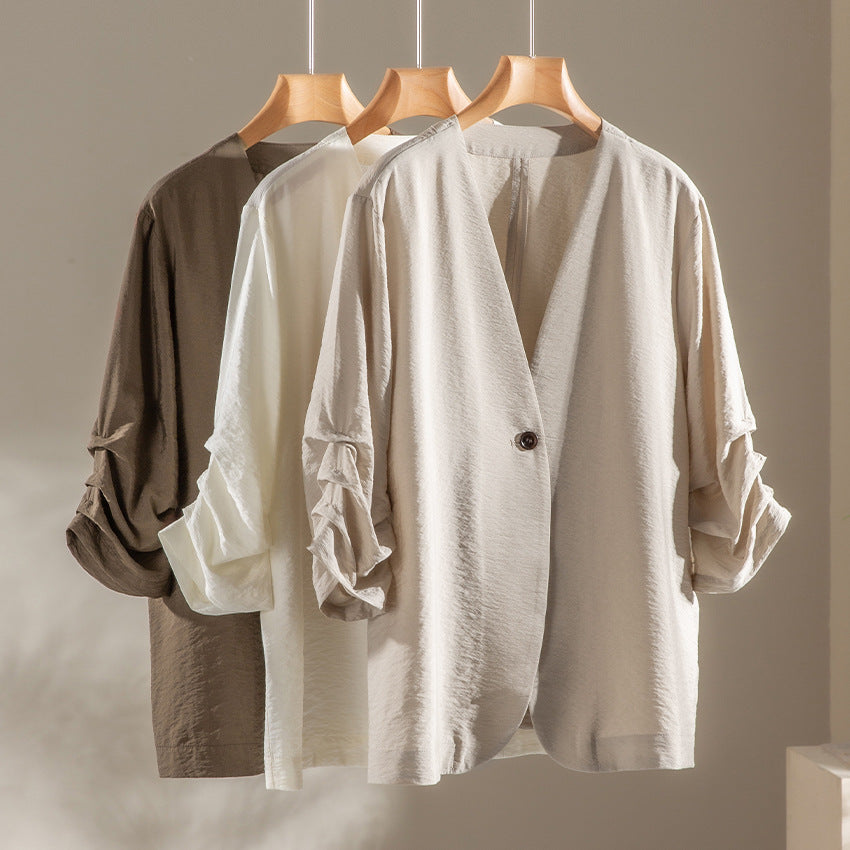 Damen Leichter Oversize-Blazer mit V-Ausschnitt, Ein-Knopf-Verschluss und gerafften Dreiviertelärmeln Drune