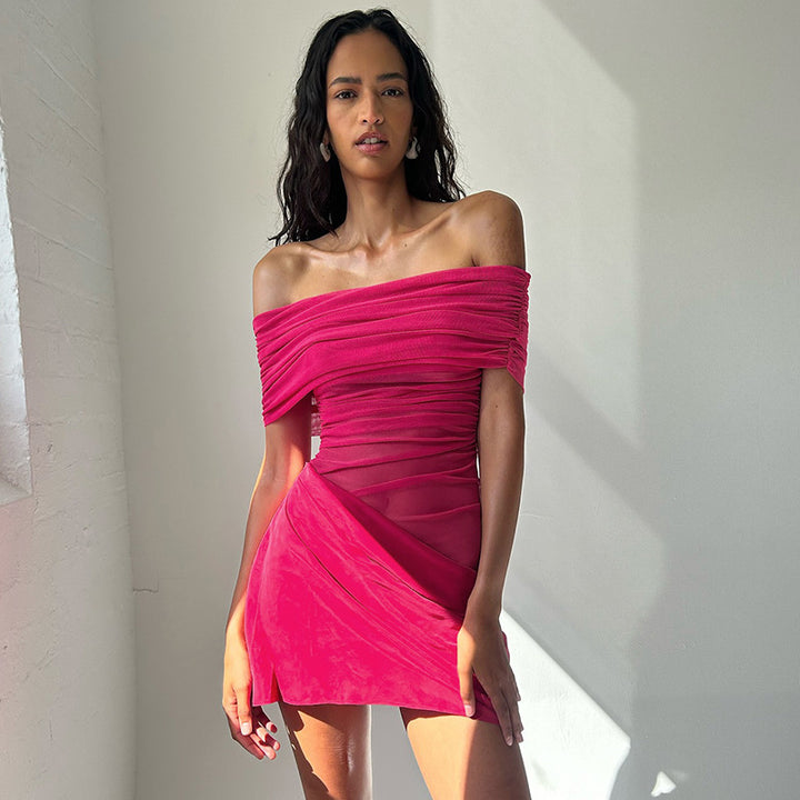 Damen Off-Shoulder Minikleid mit Rüschendetails und figurformender Drapierung Drune