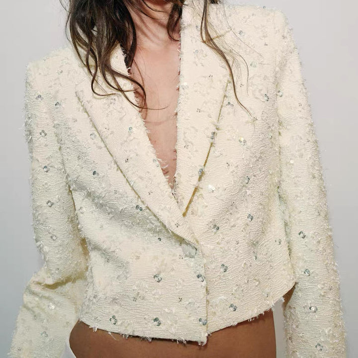 Damen Kurzer Bouclé-Blazer mit Paillettenbesatz und Reverskragen Drune
