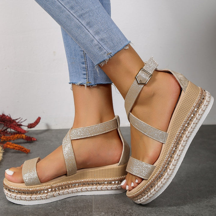 Damen Wedge-Sandaletten mit exklusivem Metallic-Finish und verstellbarem Riemendesign Drune