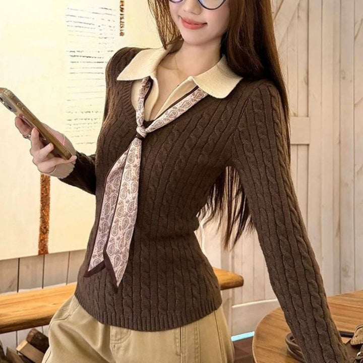 Damen Ribbed Strickpullover mit Hemdkragen und Krawatte Drune