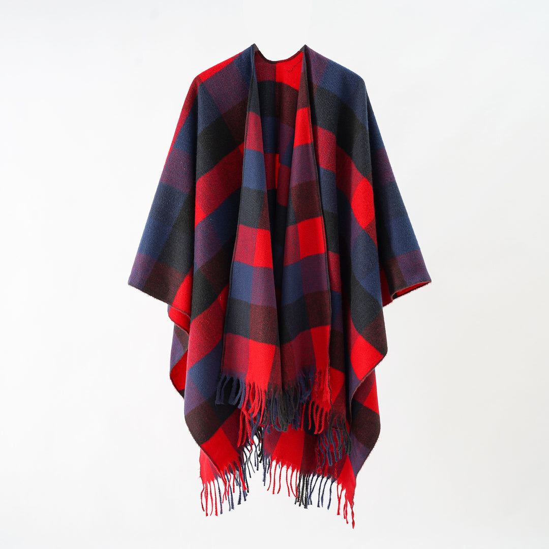 Damen Oversize-Wrapponcho aus Wollmix mit grafischem Rautenmuster und Fransensaum Drune