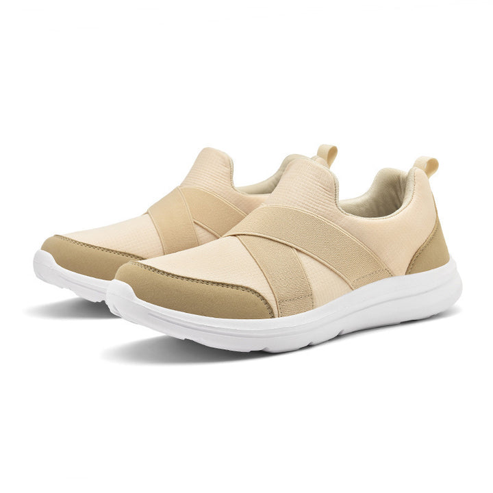 Damen nan elastischer Slip-On Komfort-Sneaker mit atmungsaktivem Strickoberteil, gekreuzten Stretchriemen und dämpfender EVA-Sohle Drune
