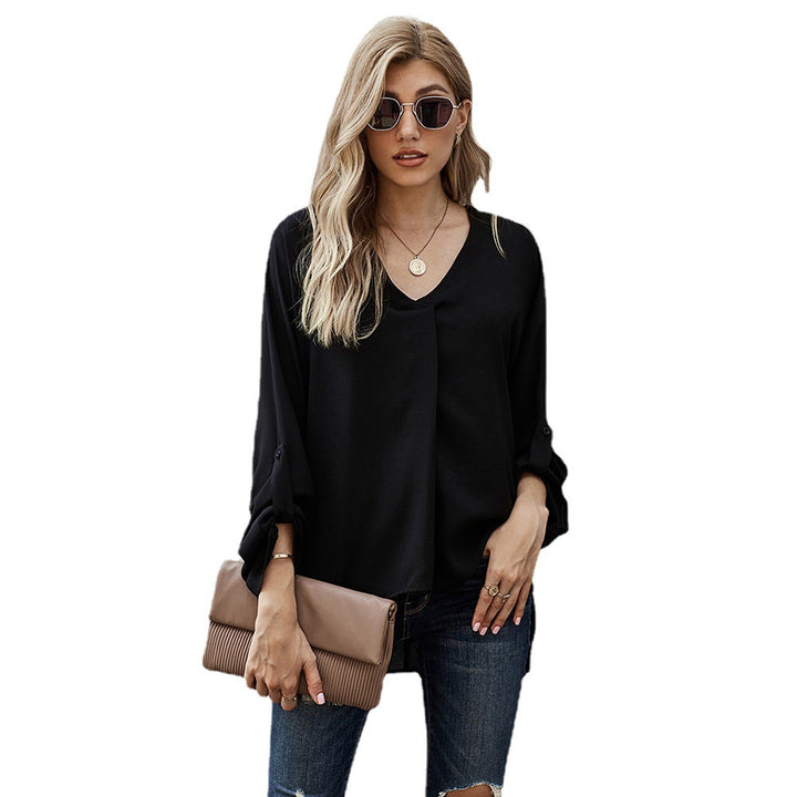 Damen Bluse mit V-Ausschnitt und lässigen langen Ärmeln Drune