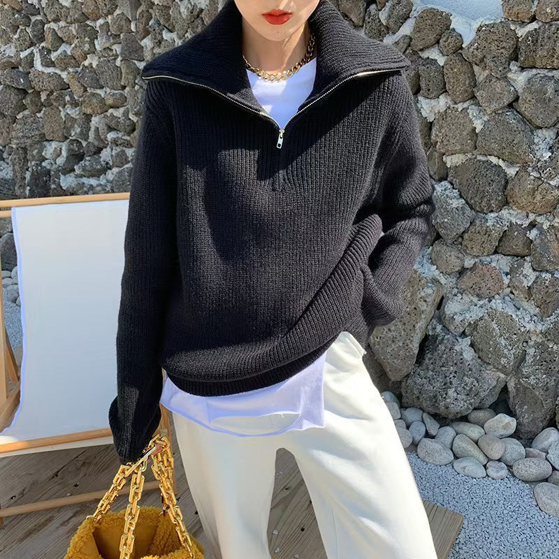 Damen Leichter Strickpullover mit hohem Kragen und Reißverschluss Drune