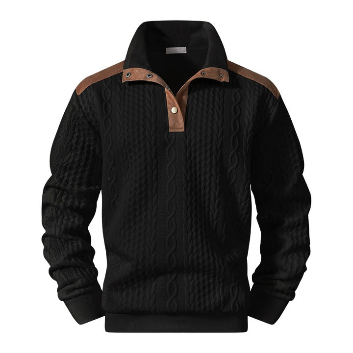Herren Strickpullover mit Zopfmuster, Stehkragen und Kontrast‑Schulter- & Ellbogenpatches Drune